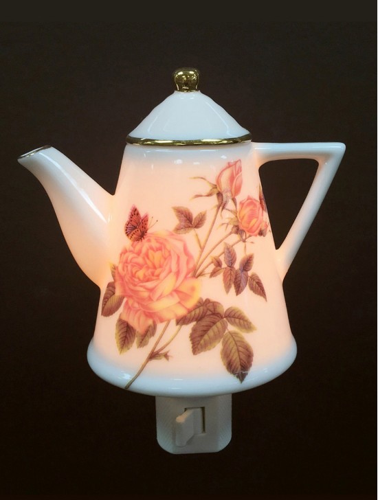 Porcelain Rose on Teapot Night Light with Gift Box